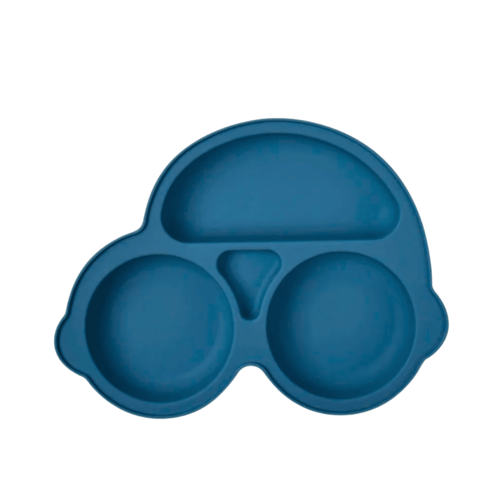 Deep blue silicone plate for children, featuring a car design with multiple compartments to separate food, enhancing the dining experience with its fun and functional vehicle shape.