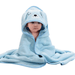 A baby wrapped in a light blue hooded towel designed to look like a dog. The hood has an embroidered dog face with floppy ears. The baby is sitting with the towel wrapped around them, appearing cozy and content.