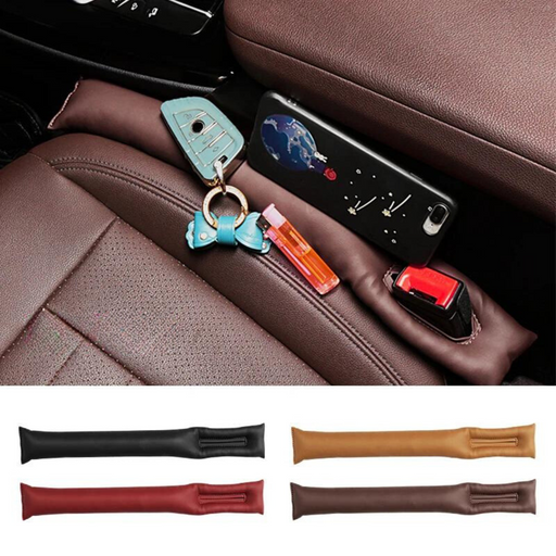 A car seat gap filler in use, with items like keys, a phone, and a lipstick placed on it. With 4 car seat gap fillers in four different colors (black, red, brown, and beige).