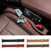 A car seat gap filler in use, with items like keys, a phone, and a lipstick placed on it. With 4 car seat gap fillers in four different colors (black, red, brown, and beige).