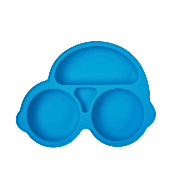 Blue silicone plate for children, featuring a car design with multiple compartments to separate food, enhancing the dining experience with its fun and functional vehicle shape.