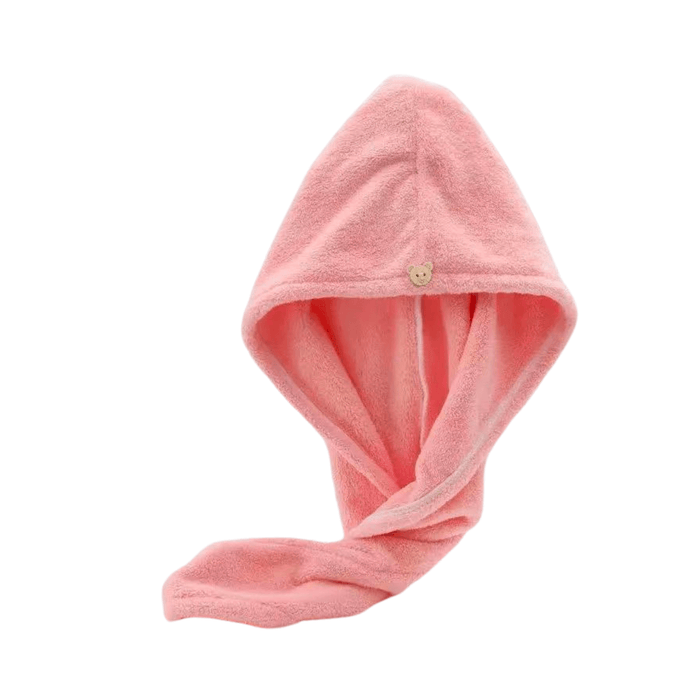 A pink hooded towel with a hood and a long tail-like end. The towel is soft and fluffy, with a bear-shaped wooden button for fastening.