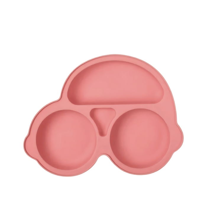 Dark pink silicone plate for children, featuring a car design with multiple compartments to separate food, enhancing the dining experience with its fun and functional vehicle shape.