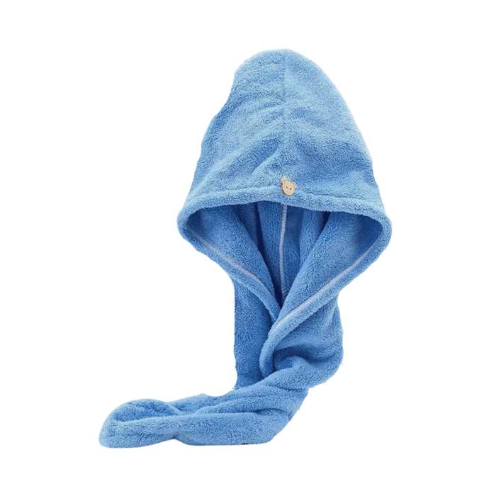 A blue hooded towel displayed flat, showing the hood and the long tail-like end. The towel has a bear-shaped wooden button for fastening.