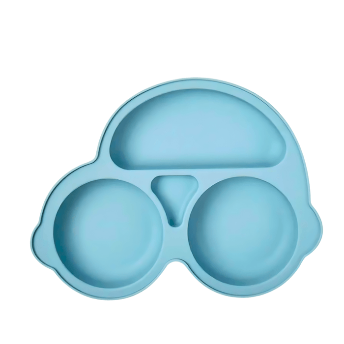 Light blue silicone plate for children, featuring a car design with multiple compartments to separate food, enhancing the dining experience with its fun and functional vehicle shape.