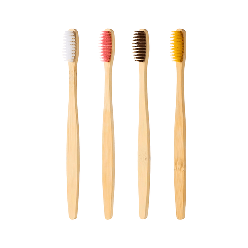 Four bamboo toothbrushes standing upright. The bristles are white, pink, brown, and yellow, respectively.