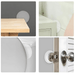 Four images of white silicone protectors applied to different surfaces, including a table edge, a cabinet, a toilet lid, and a door handle.