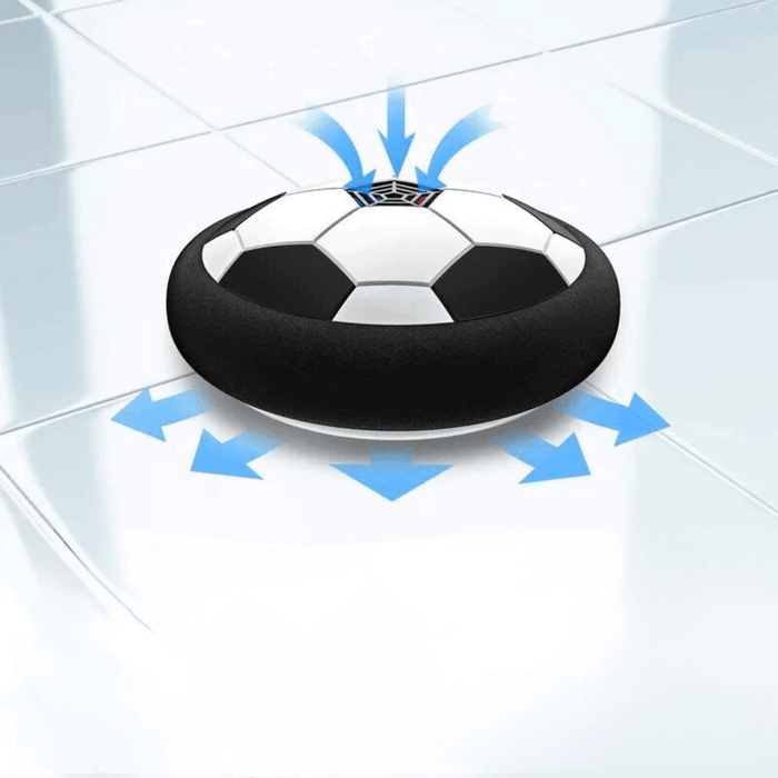 A hover soccer ball on a smooth surface, with arrows indicating its movement in multiple directions.