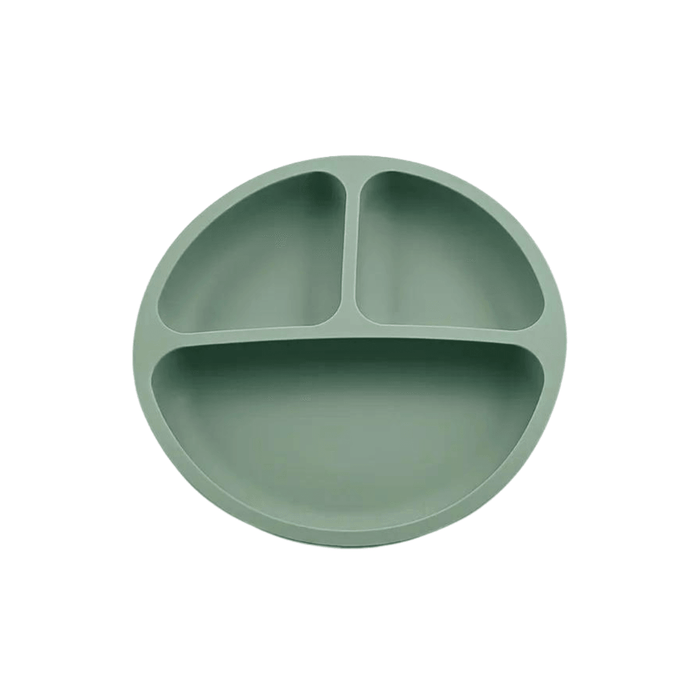 Simple and functional army green silicone plate for children, featuring a three-compartment design to separate different types of food, encouraging balanced meals and independent eating.