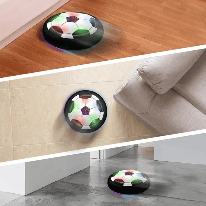 Hover soccer balls in different rooms, demonstrating their ability to glide over various floor surfaces like wood, tile, and concrete.