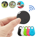 Shows a black GPS tracker being held, with other color options (black, white, green, pink, blue) visible below. The image also includes small circular inserts displaying various uses such as tracking children, pets, and outdoor activities.