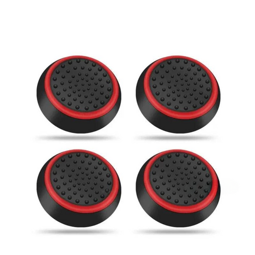 A set of four black thumb grips with red edges, designed for gaming controllers.