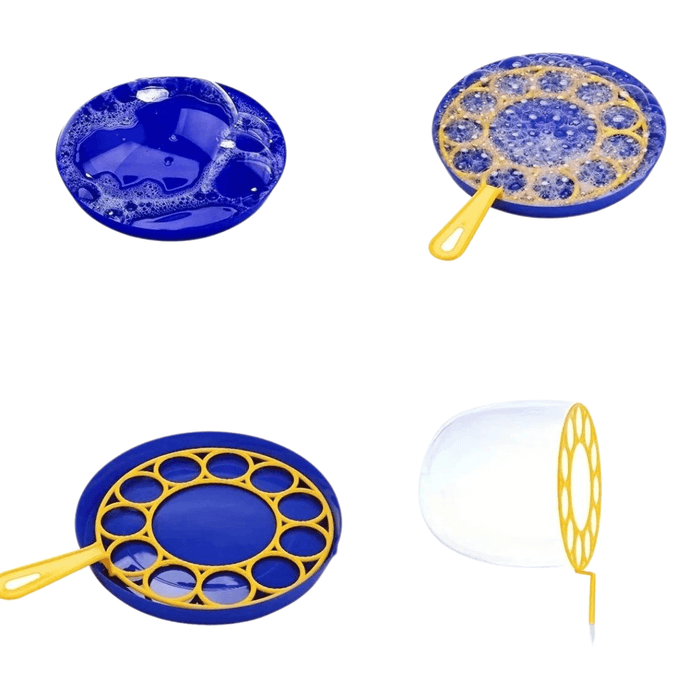 Four-step process of using the bubble wands and tray. The first step shows the tray filled with bubble solution. The second step shows the bubble wand being dipped into the tray. The third step demonstrates the wand covered in bubble solution. The fourth step shows a bubble being formed.