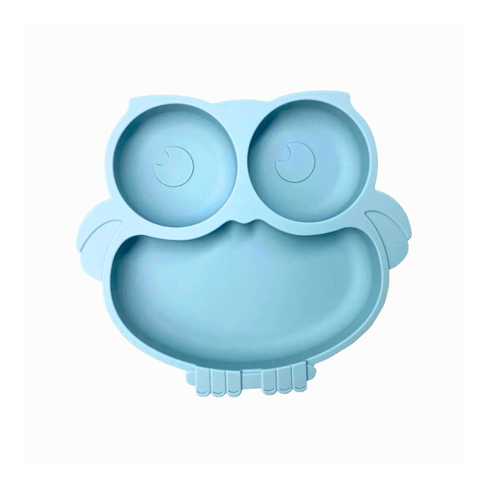 Adorable blue owl-shaped silicone plate designed for toddlers, featuring two small compartments for sides or dips and a larger main compartment for entrees. The playful owl design makes mealtime fun and engaging for young children.