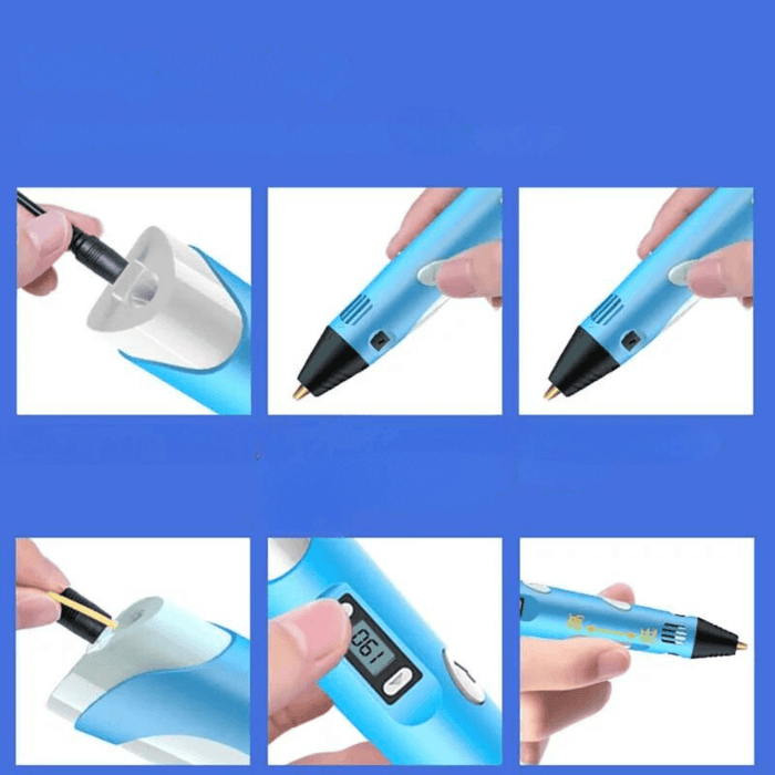 A step-by-step guide showing the loading and operation of a blue 3D pen. Steps include inserting the filament, operating the pen, and viewing the display.