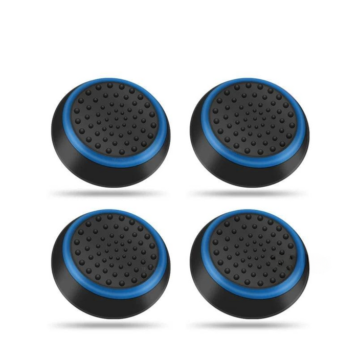 A set of four black thumb grips with blue edges, designed for gaming controllers.