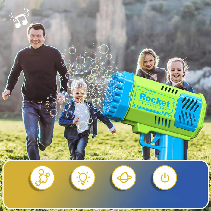 A family (a man, a woman, and two children) enjoying an outdoor activity with a green and blue rocket-shaped bubble gun creating a stream of bubbles. The gun has the word "Rocket" printed on the side.