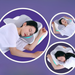 a woman sleeping in different positions (back, side, and stomach) on the grey and white butterfly-shaped orthopedic pillow, highlighting its versatility and ergonomic support.