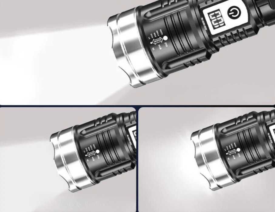 This image demonstrates the different beam modes of the flashlight in a sequence of three smaller images, showcasing its varying light intensities and focus settings.