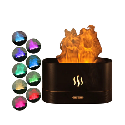 A black aroma diffuser with orange flame-like mist. Additional small images show the diffuser emitting mist in various colors: purple, blue, green, red, etc. The diffuser has a control panel with two buttons.