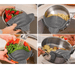 A collage showing four pots and bowls containing strawberries, cut potatoes, green beans, and pasta held by a gray clip that allows the person holding it to pour the water out of the vessel without the food falling and shows the benefits of the product.