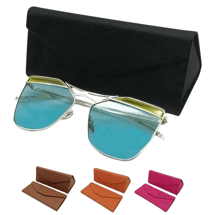 a black eyeglasses case in the background with a pair of silver-framed, blue-tinted aviator sunglasses resting in front of it. Below this, there are three smaller images of the same style case in different colors: brown, orange, and pink. The cases all have a similar textured fabric exterior and envelope-style flap closure.