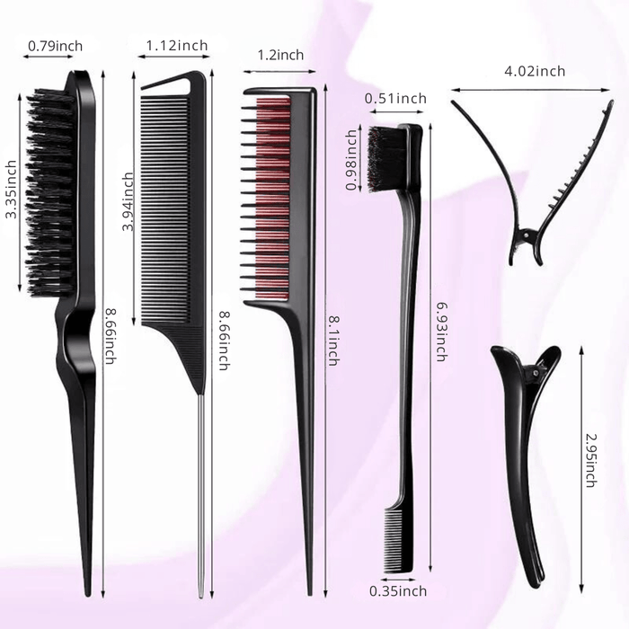 A set of black hair styling tools with measurements: a 3.55-inch brush with nylon bristles, an 8.66-inch comb with fine teeth and a pointed handle, an 8.66-inch comb with alternating red and black teeth, an 8.1-inch brush with a small 0.98-inch brush head, a 6.93-inch hair clip, and a 2.95-inch hair clip.