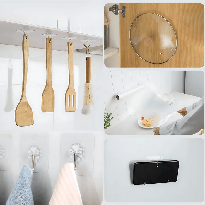 Different applications of the hooks are demonstrated in this image. It shows the hooks used in a kitchen to hang utensils, on a door to hold a lid, and other practical uses around the house. This image highlights the versatility of the hooks.