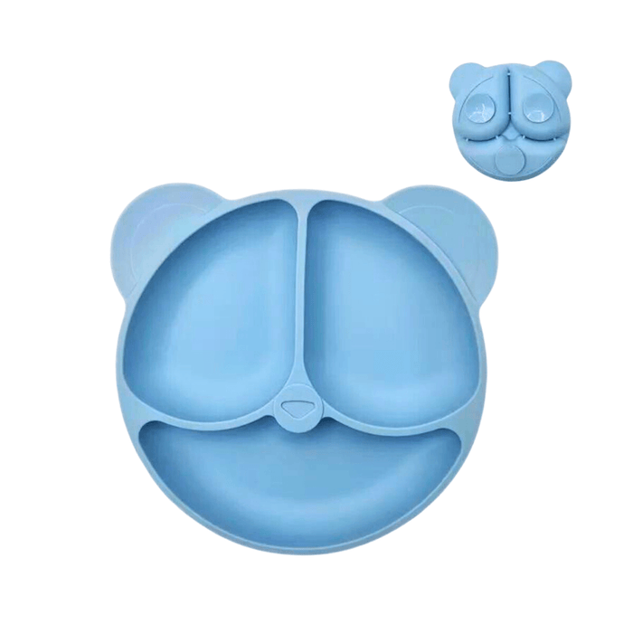 Charming blue silicone plate for children, shaped like a bear's face with three compartments for separating food. This design adds a playful touch to mealtime, making it fun and appealing for kids.