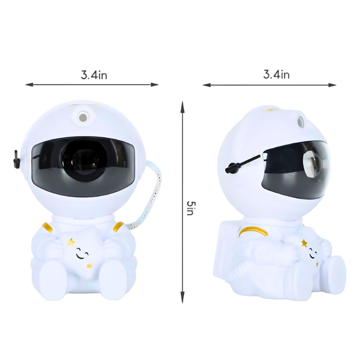 Front and side views of a white astronaut figure with dimensions labeled. The front view shows a width of 3.4 inches and the side view displays a height of 5 inches. The astronaut is holding a plush star, featuring yellow and star accents on its white body.