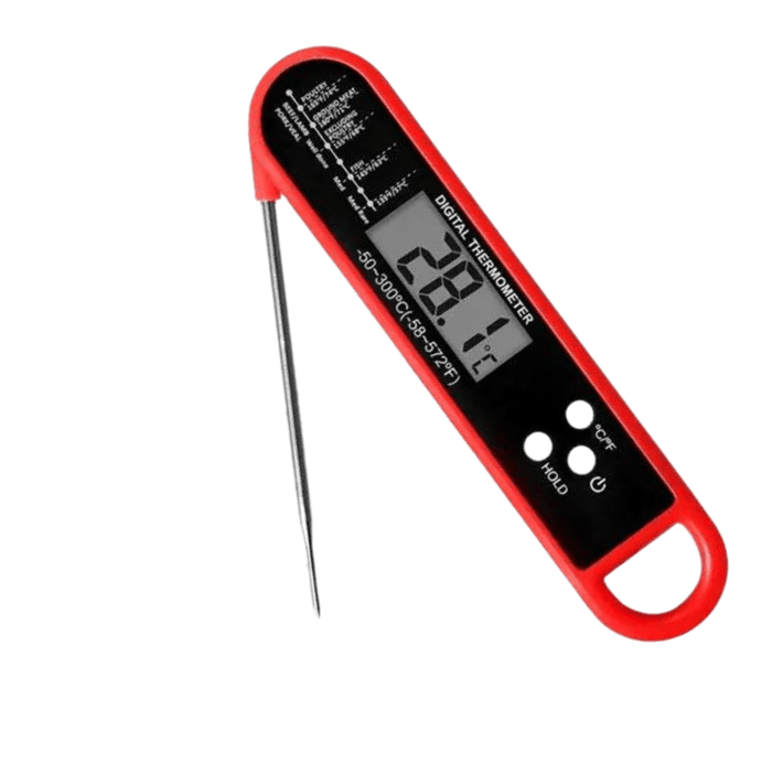 A close-up image of a red digital thermometer with its probe extended, displaying a temperature of 28.1°C.