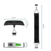 Top and side view of a portable digital luggage scale with a black handle, displaying dimensions of 5.2 inches in width, 1.7 inches in depth, and 1.2 inches in height, and 8.7 inches in length of the black handle.