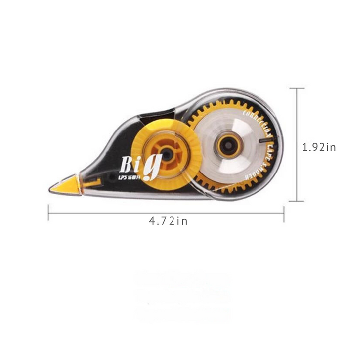 Side view of a black and yellow correction tape dispenser with visible internal gears and tape roll, dimensions labeled as 4.72 inches in length and 1.92 inches in height.