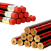 Close-up of red eraser-tipped pencils with silver bands and black and red striped bodies, displayed from both eraser and tip ends. Display on white background.