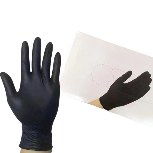 A single black glove is displayed next to its packaging, showcasing the product itself. This image provides a clear view of the glove's design and fit.