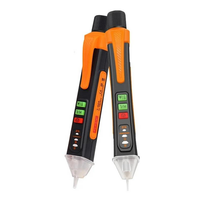 Two voltage tester pens with black and orange design, featuring buttons and indicators, displayed against a white background.