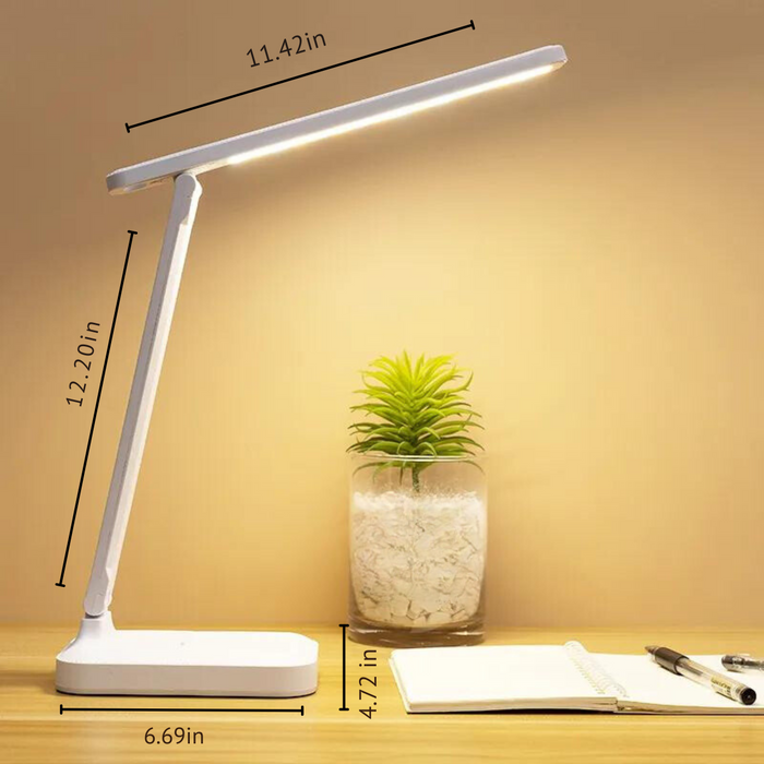 a sleek, white desk lamp with its dimensions labeled: 11.42 inches for the lamp head, 12.20 inches for the arm, and 6.69 inches for the base. The lamp is positioned on a wooden desk next to a glass vase with a green plant and an open notebook with a pen.