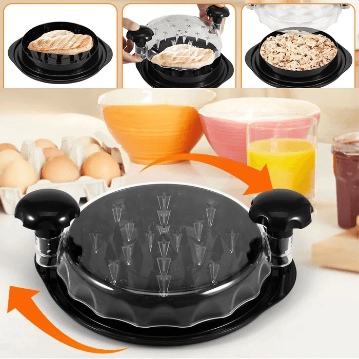 A black chicken shredder with two curved arrows showing which way to turn the shredder is placed with two bowls, eggs, and a glass of orange juice behind it. In addition, you can see the three stages of preparation in the upper part of the picture. First you put the chicken, after that you put the lid on and finally you grate it until it's ready.