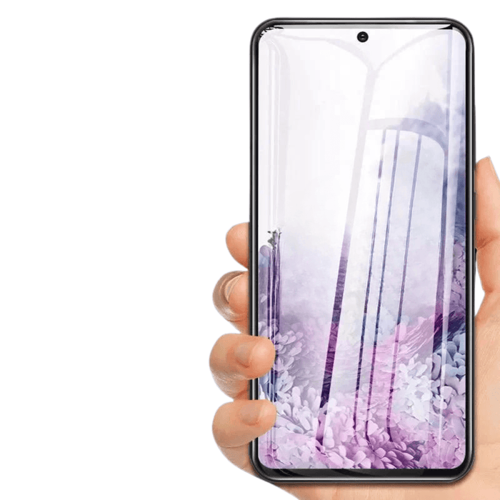 A person's hand holding a smartphone with a screen displaying purple and white floral patterns, emphasizing the clarity and protection of the screen protector.