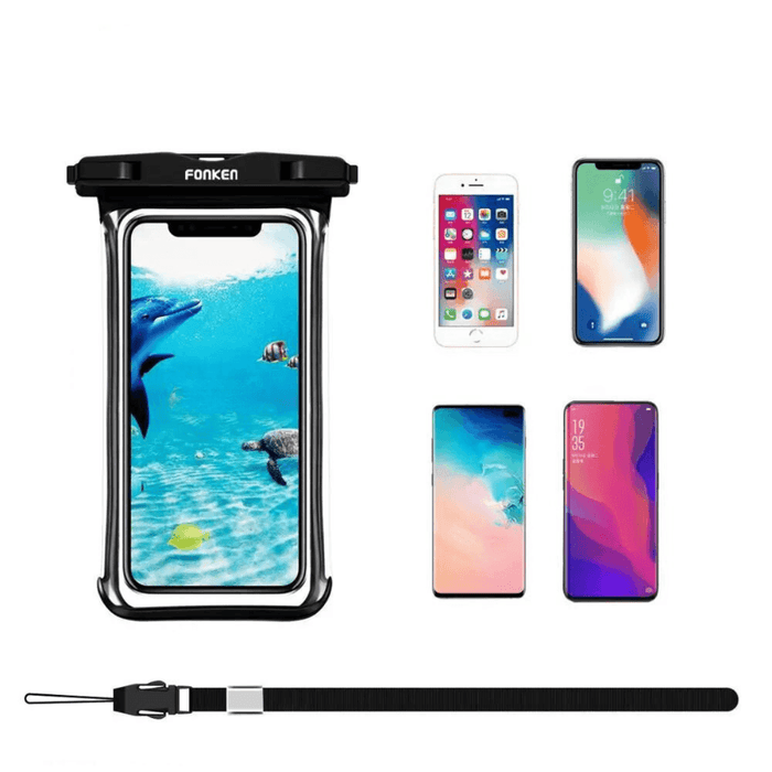 A waterproof phone case alongside four different smartphone models to showcase its compatibility. It includes a depiction of an iPhone, showcasing a wide range of device support. Additionally, the image features a black strap at the bottom, which emphasizes the case's utility for secure portability and ease of carrying. Display on white background.