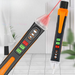 A digital voltage tester pen with a black and orange design, featuring buttons and indicators, with a clear tip for detecting electrical currents.