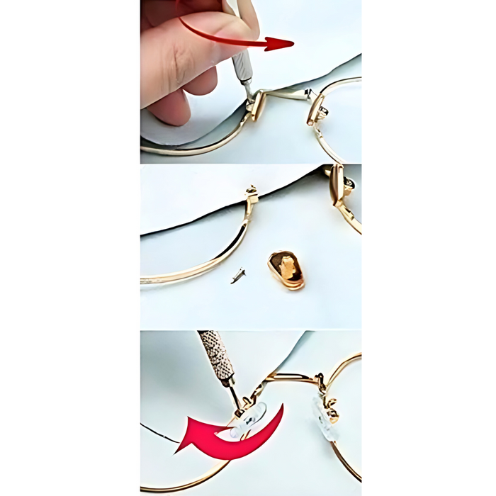 a step-by-step guide on how to replace eyeglasses nose pads. The top image shows a hand using a tool to unscrew the old nose pad, the middle image shows the removed nose pad and screw, and the bottom image shows the new nose pad being attached with an arrow indicating the direction.