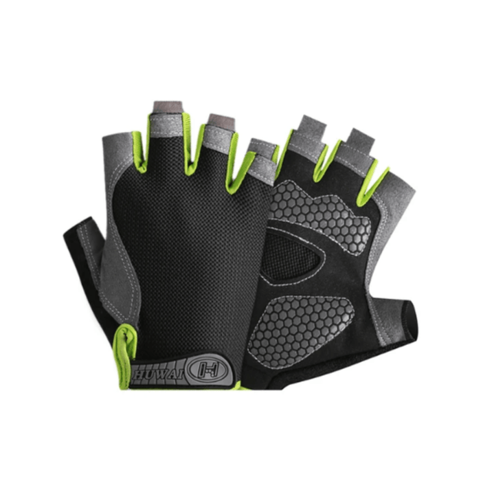 A pair of fingerless gloves featuring a black base with gray accents and bright green trim on the fingers. The gloves have a textured palm area for better grip.