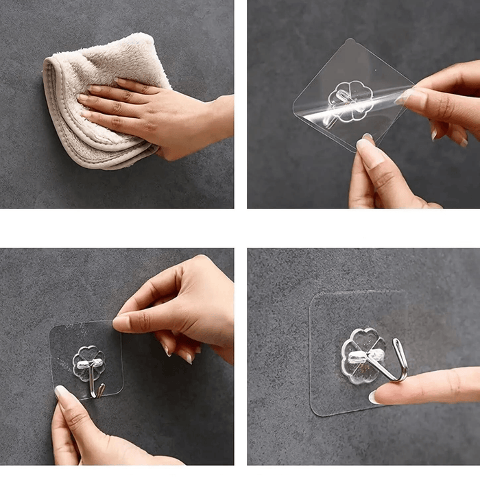 Step-by-step installation process of the hook. It starts with cleaning the surface with a cloth, peeling off the protective layer from the adhesive, pressing the hook onto the surface, and finally securing it by pressing firmly.