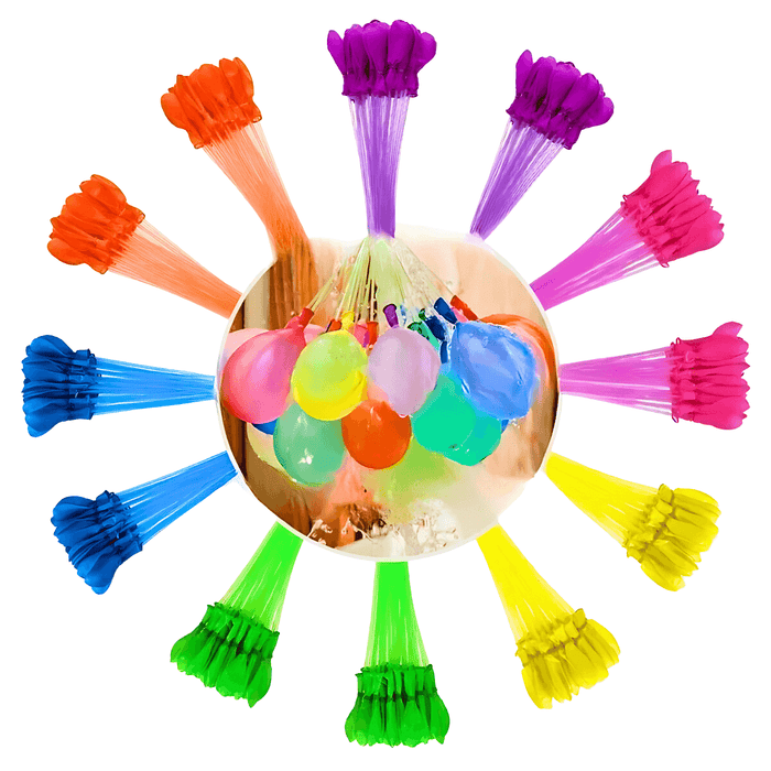 A vibrant array of water balloons tied to plastic nozzles in a circular layout, displaying a rainbow of colors including pink, green, yellow, orange, purple, and blue. The central close-up shows numerous balloons filled with water.