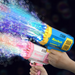 Two rocket-shaped bubble guns, one in blue and yellow and the other in pink and white, emitting colorful bubbles and streams of light. The word "Rocket" is printed on both guns.