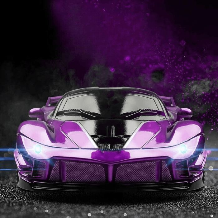 Purple Car: Shiny, dramatic lighting with headlights on.