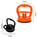 Two suction cups, one orange and one black, with their dimensions labeled. The orange suction cup measures 4.65 inches in width and 3.78 inches in height. The black suction cup measures 2.36 inches in width and 2.76 inches in height.