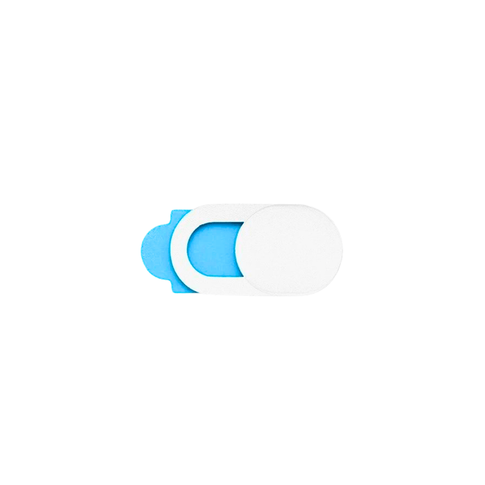 A webcam slide cover featuring a minimalist design with a rectangular shape and rounded corners. The cover is composed of two parts: a white outer sliding cover and a bright blue inner piece that covers the webcam when slid into place.