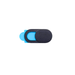 A webcam slide cover featuring a minimalist design with a rectangular shape and rounded corners. The cover is composed of two parts: a black outer sliding cover and a bright blue inner piece that covers the webcam when slid into place.